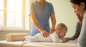 A gentle osteopath excursing baby