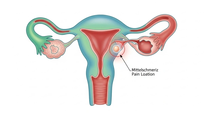 Medical illustration of the female reproductive system showing ovulation and location of mittelschmerz pain.